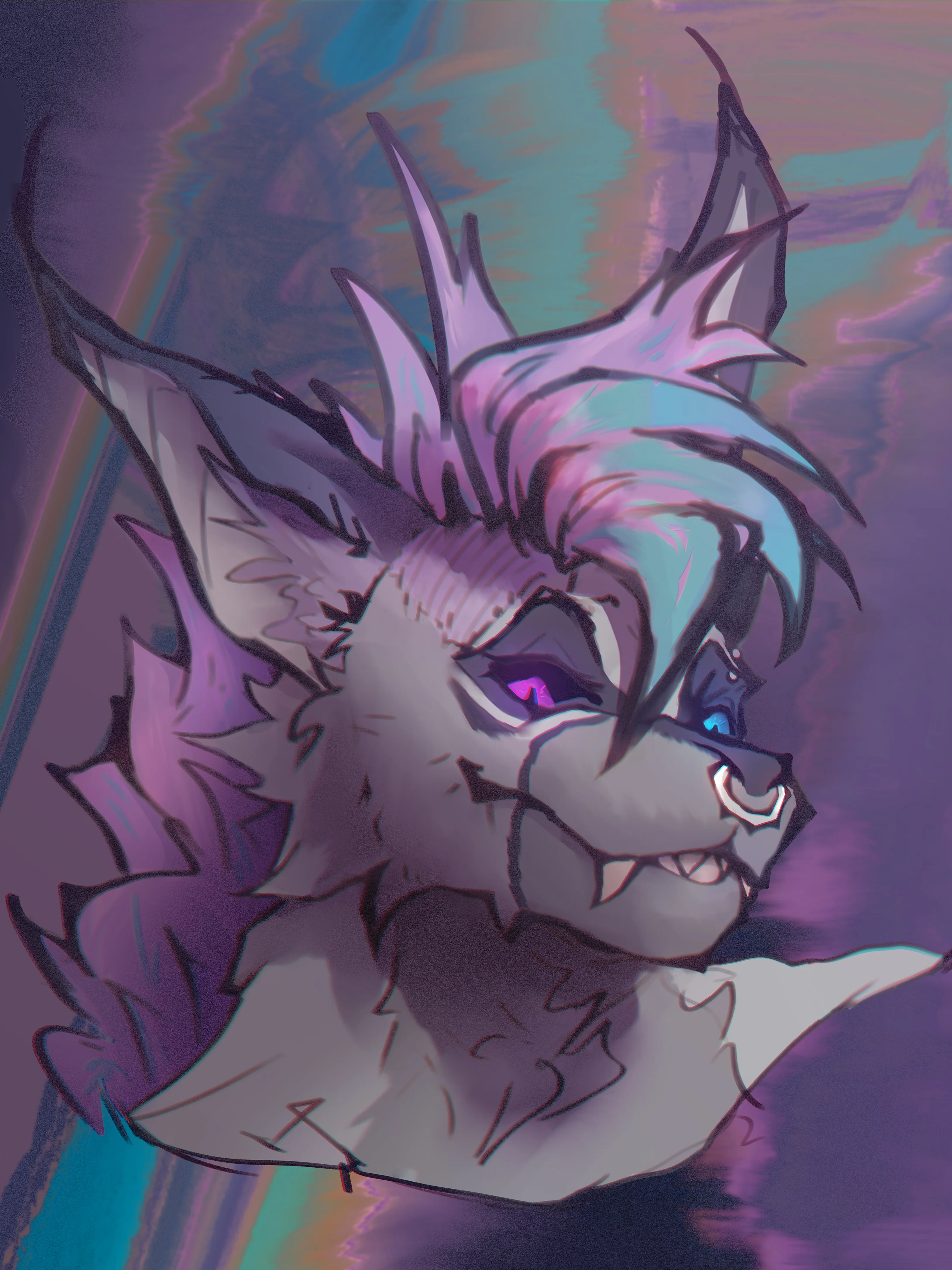 A digital drawing of a wolf-like character with light grey fur and a wild mane of pink and blue hair. The character sports a confident grin, showing off sharp fangs, and rocks a septum piercing. The background is a trippy mix of purple, teal, and pink with a grunge texture.